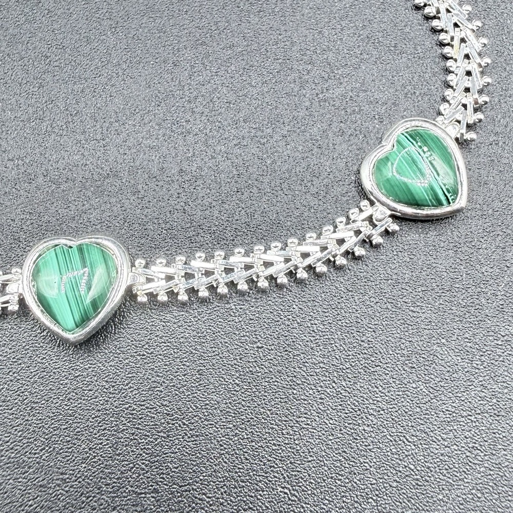 925 Sterling Silver Malachite Heart Link Chain Bracelet 8" Green Stone VTG - Picture 3 of 9